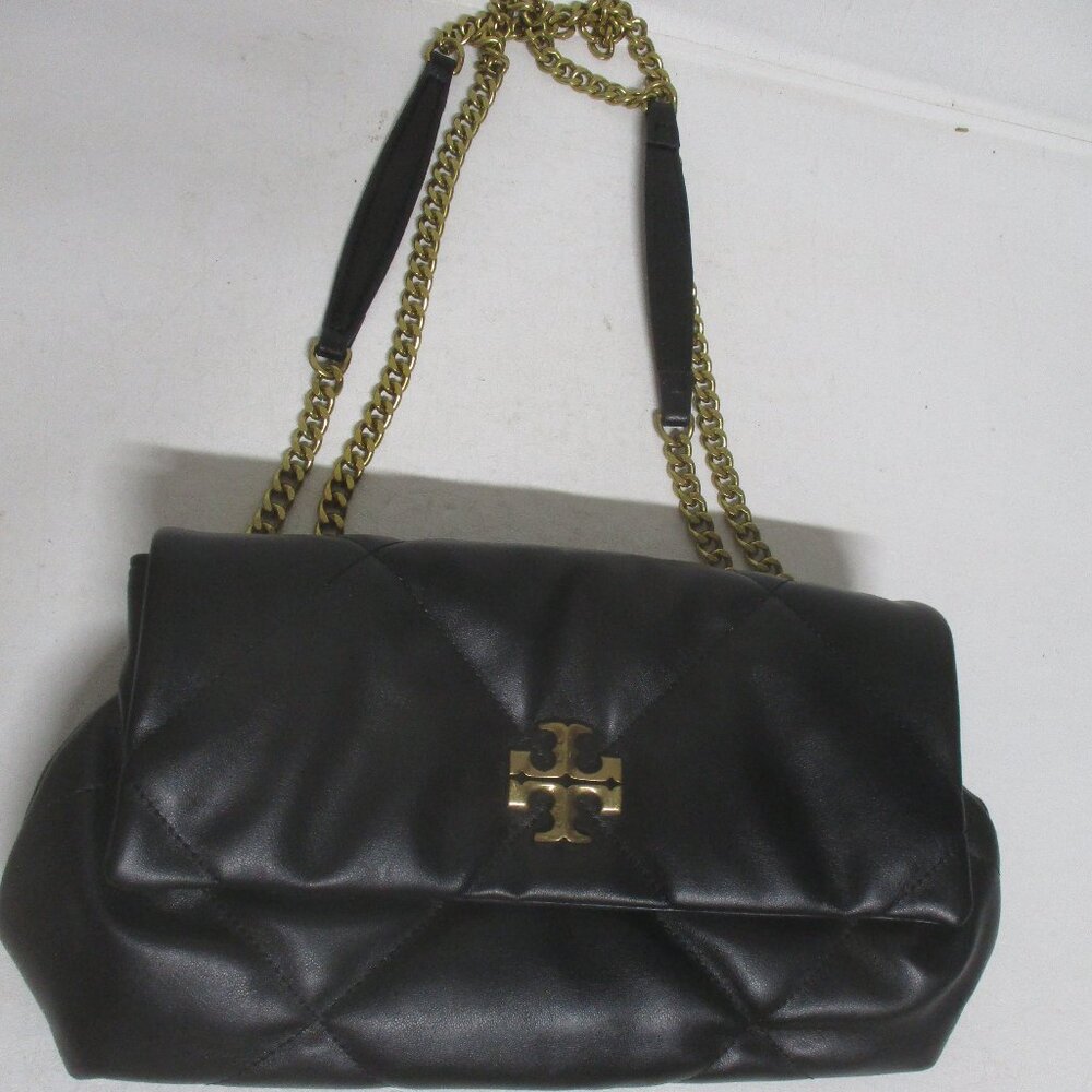 BLACK Butter Soft leather quilted chain handle logo purse KIRA